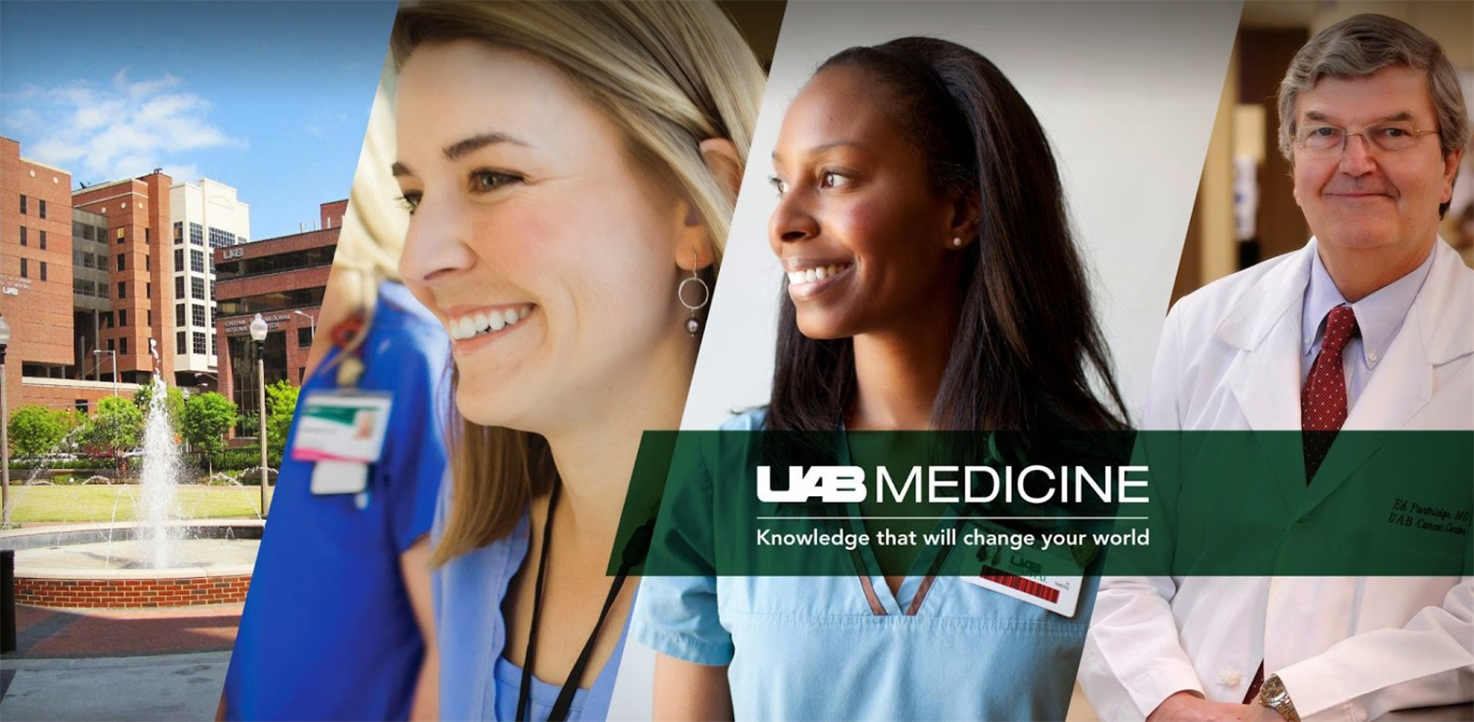 UAB Medicine logo superimposed on a quadriptych featuring a doctor, a nurse, the hospital exterior, and another nurse