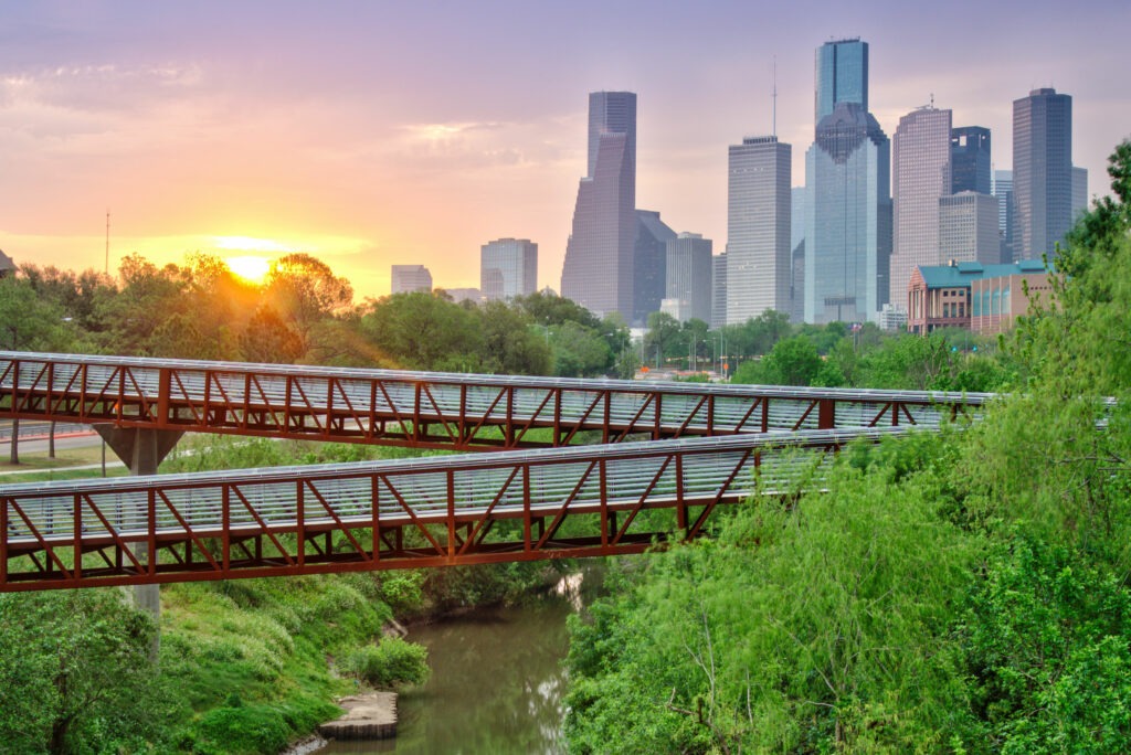 A picture of the Houston Downtown Skyline at sunset. 