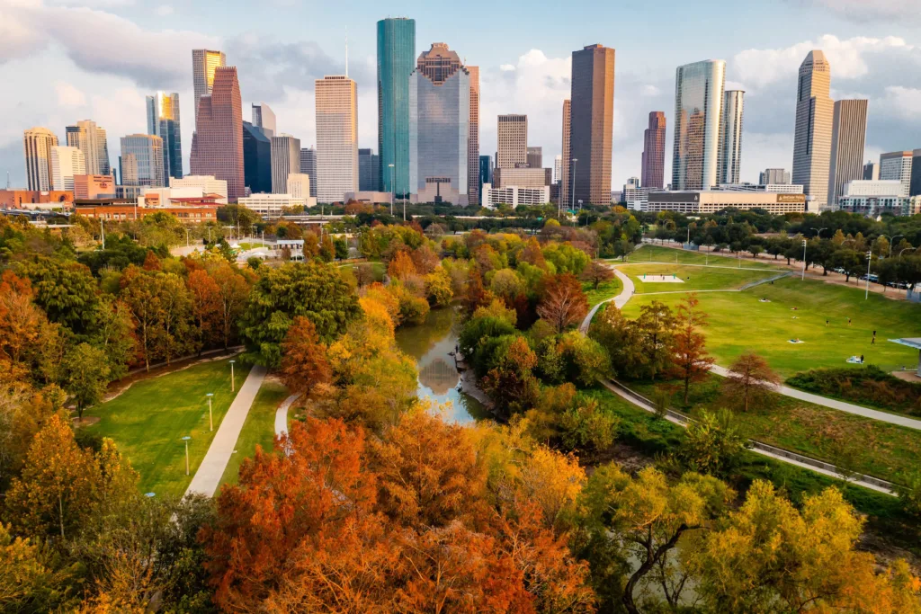 Downtown Houston skyline with modern skyscrapers, representing the city’s dynamic growth, cultural richness, and status as a healthcare leader.