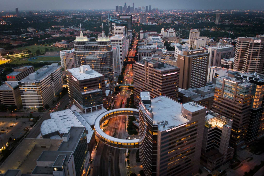 Aerial view of the Texas Medical Center in Houston, featuring modern medical buildings and facilities dedicated to healthcare, research, and education.