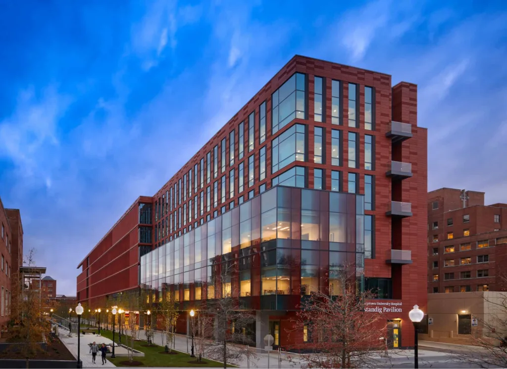 The Verstandig Pavilion at MedStar Georgetown University Hospital, a state-of-the-art healthcare facility in Washington, D.C., featuring cutting-edge medical technology and modern patient care environments.