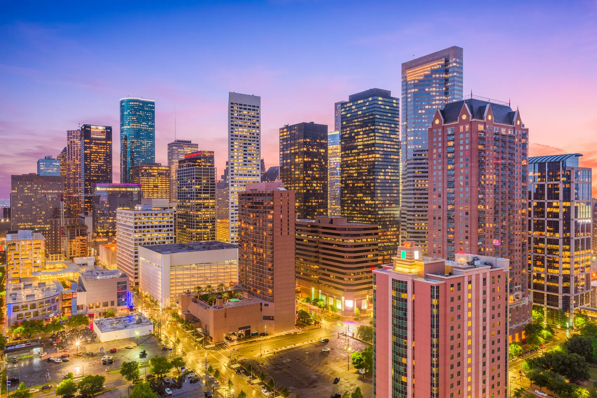 Downtown Houston skyline at sunset for the Chief of Head & Neck Surgical Oncology opportunity at Houston Methodist.