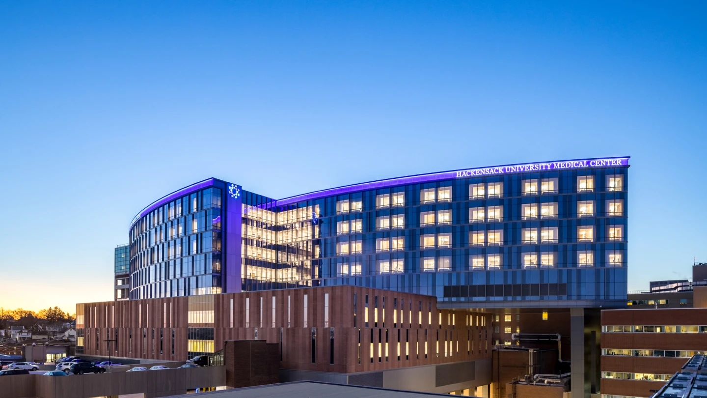 Exterior of Hackensack University Medical Center in Hackensack, NJ, the #1 hospital for breast cancer surgery jobs